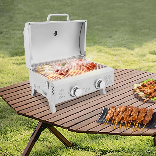 Gasgrill - Bærbar grill - LPG - 2 brændere - Sammenklappelig - Rustfrit stål - Camping/picnic/autocamper - Sølv
