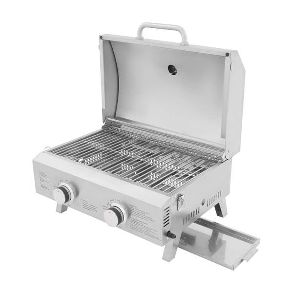 Gasgrill - Bærbar grill - LPG - 2 brændere - Sammenklappelig - Rustfrit stål - Camping/picnic/autocamper - Sølv