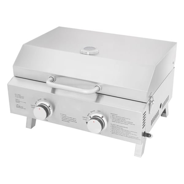 Gasgrill - Bærbar grill - LPG - 2 brændere - Sammenklappelig - Rustfrit stål - Camping/picnic/autocamper - Sølv