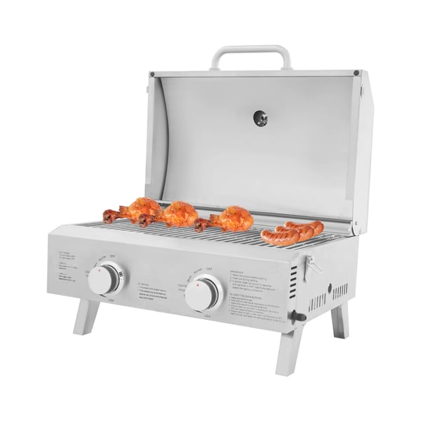 Gasgrill - Bærbar grill - LPG - 2 brændere - Sammenklappelig - Rustfrit stål - Camping/picnic/autocamper - Sølv