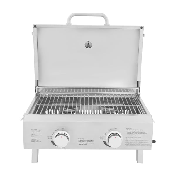 Gasgrill - Bærbar grill - LPG - 2 brændere - Sammenklappelig - Rustfrit stål - Camping/picnic/autocamper - Sølv