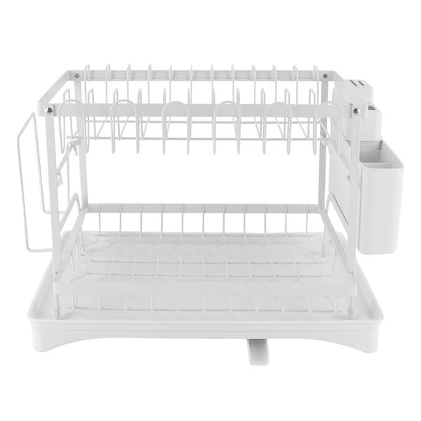 Diskställ - Bänkdiskställ - 2 Nivåer - Bestickhållare - Avloppspip & Droppbricka - 42×30×29 cm - Ljusgul