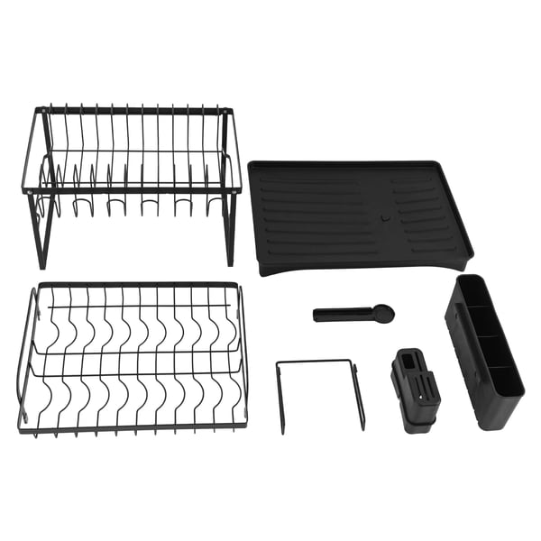 Opvaskestativ til køkkenbord - Tørrestativ til service - To Niveauer - Afløbstud - Bestikholder - Drypbakke - 42x30x29 cm - Sort