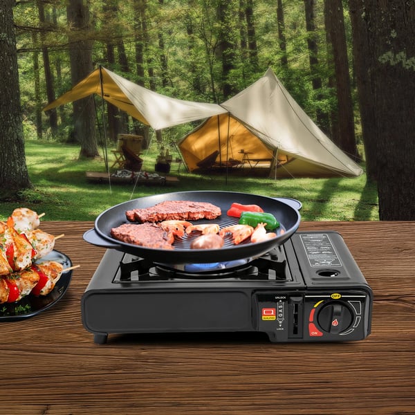 Kannettava ulkogrilli - Kaasugrilli - 2500 W - Sähkösytytys - Säädettävä liekki - Retkeilyyn, piknikille, BBQ - Musta