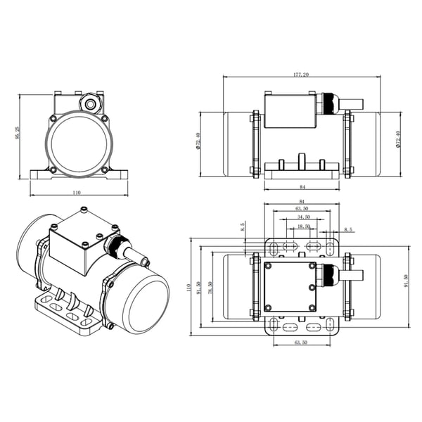 Betonivibraattori - Yksivaiheinen värähtelymoottori - 67,5 rpm - 40/50/60 W - 220 V 50 Hz - Harjaton kuparimoottori - IE2 - Tärinävoima 43–63 kg