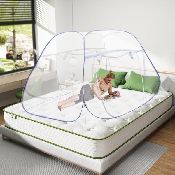 Pop-up myggenet til seng - Sengtelt med dobbeltdør - 198×180×160 cm - 5 stålwirer - Rund form - Insekticidbehandlet - Bærbar til rejse/camping - Blå