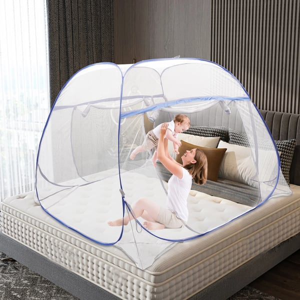 Pop-up myggenet til seng - Sengtelt med dobbeltdør - 198×180×160 cm - 5 stålwirer - Rund form - Insekticidbehandlet - Bærbar til rejse/camping - Blå