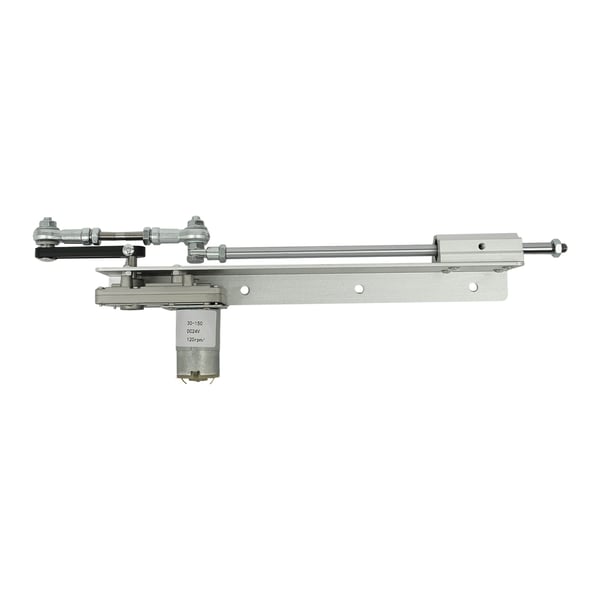 Mini teleskopisk lineær aktuator - M8 gevind - DC24V - Justerbar slag 3–15 cm - Trykkraft 1–10 kg - Svingarm 125 mm - EU/US-stik - Sølv