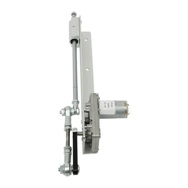 Mini teleskopisk lineær aktuator - M8 gevind - DC24V - Justerbar slag 3–15 cm - Trykkraft 1–10 kg - Svingarm 125 mm - EU/US-stik - Sølv