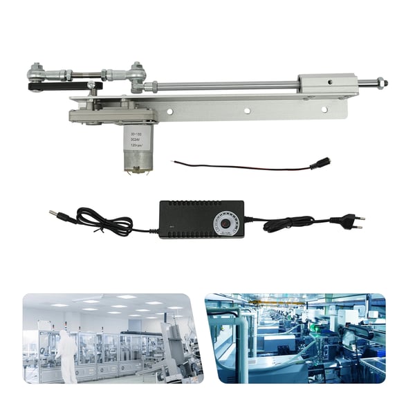 Mini teleskopisk lineær aktuator - M8 gevind - DC24V - Justerbar slag 3–15 cm - Trykkraft 1–10 kg - Svingarm 125 mm - EU/US-stik - Sølv