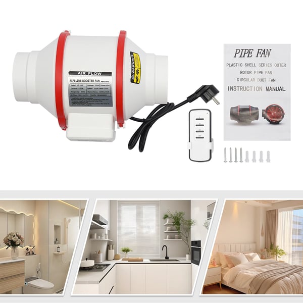 Udsugningsventilator - Rørventilator - Diameter 100 mm - Luftmængde 310 m³/t - Effekt 40 W - 2 Hastigheder 2220/2600 rpm - EU-stik 220 V - Hvid