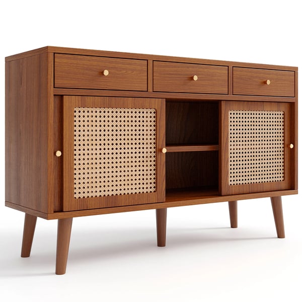 Puinen Senkki - Sideboard - 3 Laatikoa - 3 Liukuovea - Säädettävät Hyllyt - Kullanväriset Metallivetimet - 120×40×78 cm - Ruskea Puinen Senkki - Sideboard - 3 Laatikoa - 3 Liukuovea - Säädettävät Hyllyt - Kullanväriset Metallivetimet - 120×40×78 cm - Ruskea