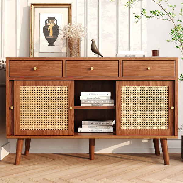 Puinen Senkki - Sideboard - 3 Laatikoa - 3 Liukuovea - Säädettävät Hyllyt - Kullanväriset Metallivetimet - 120×40×78 cm - Ruskea