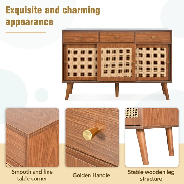 Puinen Senkki - Sideboard - 3 Laatikoa - 3 Liukuovea - Säädettävät Hyllyt - Kullanväriset Metallivetimet - 120×40×78 cm - Ruskea