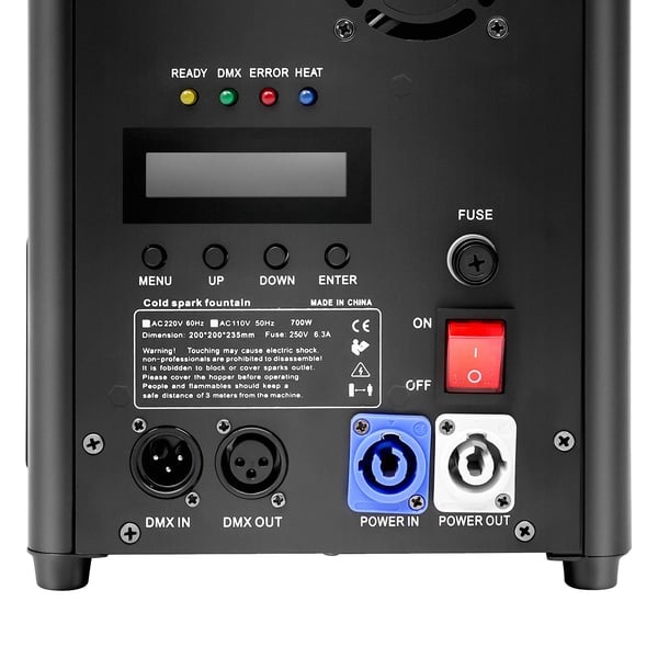 Kylmä kipinäkone - Lavatehostekone - 700 W - DMX - Kaukosäädin - 220 V AC - CE-hyväksytty - Musta