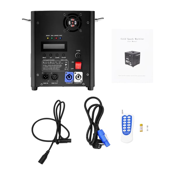 Kylmä kipinäkone - Lavatehostekone - 700 W - DMX - Kaukosäädin - 220 V AC - CE-hyväksytty - Musta
