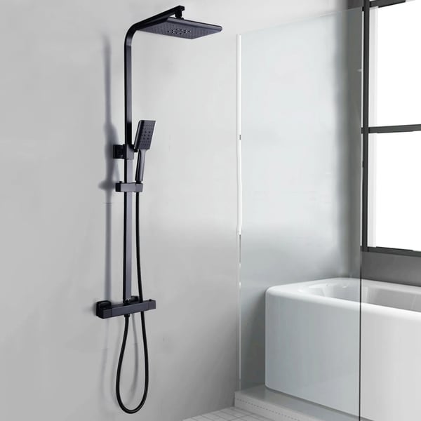 Brusesystem med termostat - Regnbrusersæt - 18×27 cm firkantet hovedbruser, håndbruser 8×25 cm, justerbar stang 90–110 cm - Sort