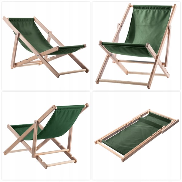 Træ strandstol - Sammenklappelig dækstol - Til have & strand - Robust ramme - Grøn