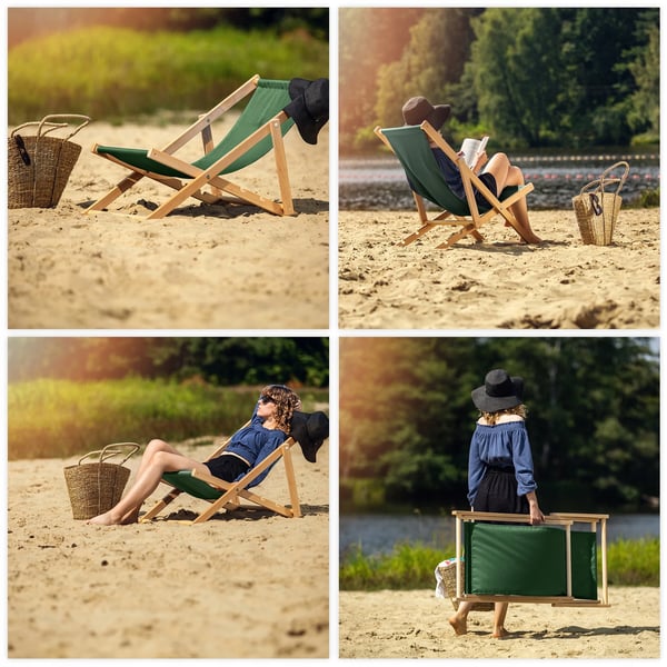 Træ strandstol - Sammenklappelig dækstol - Til have & strand - Robust ramme - Grøn