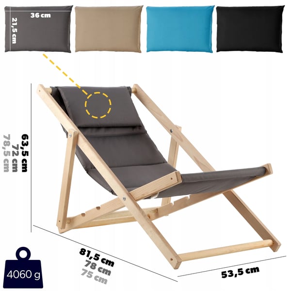 Dækstol i træ - Sammenklappelig strandstol - Med hynde - Komfortabel - Til have & strand - Fremstillet i Polen
