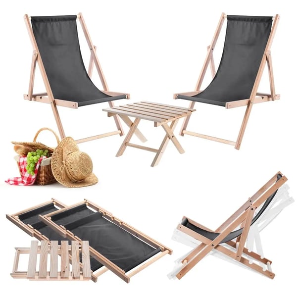 Udendørsmøbelsæt - Kaffebord + 2 Solstole - Til Terrasse/Have - Bord Natur - Stole Mørk Grafit