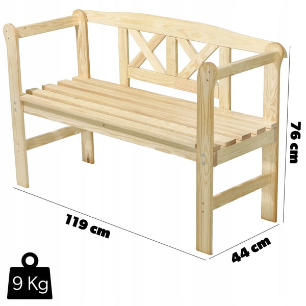 Havebænk - Parkbænk i træ - Længde 119 cm - Til have og terrasse - Udendørs bænk - Robust konstruktion
