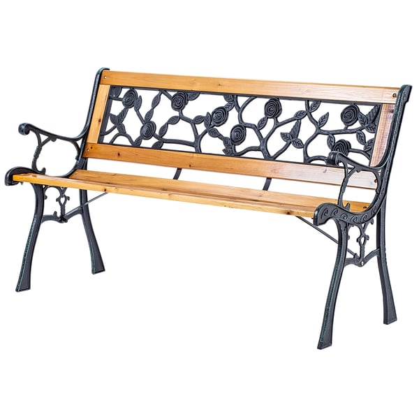 Trädgårdsbänk - Parkbänk - 127 cm - Trälameller med ryggstöd - Gjutjärnsdetaljer med rosor - För utomhusbruk