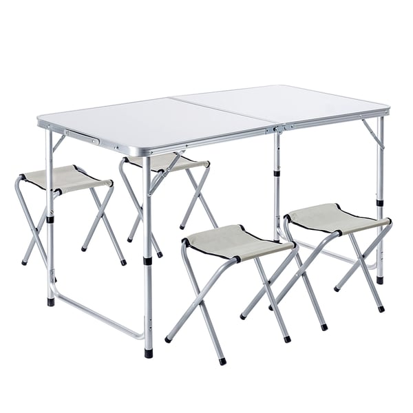 Campingsæt - Sammenklappeligt campingbord 120 cm + 4 campingstole - 5‑i‑1 campinggrill - Bærbar - Let og kompakt - Til udendørs brug