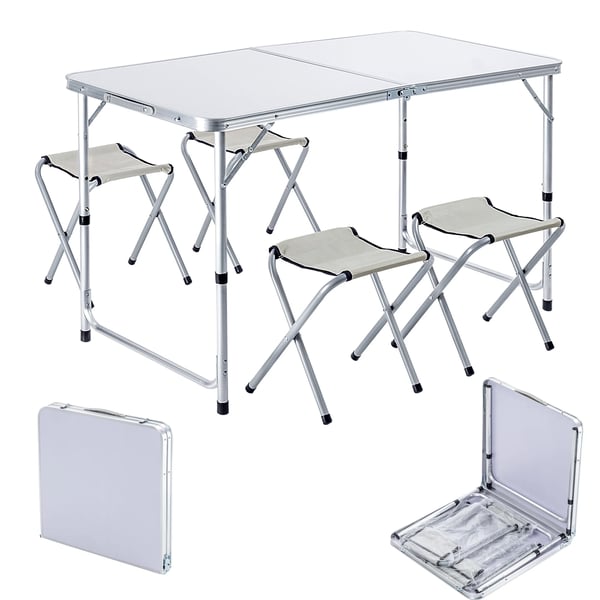 Campingsæt - Sammenklappeligt campingbord 120 cm + 4 campingstole - 5‑i‑1 campinggrill - Bærbar - Let og kompakt - Til udendørs brug