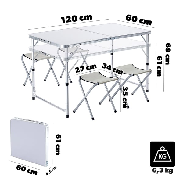 Campingsæt - Sammenklappeligt campingbord 120 cm + 4 campingstole - 5‑i‑1 campinggrill - Bærbar - Let og kompakt - Til udendørs brug