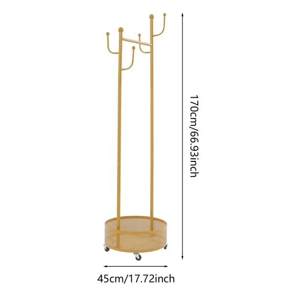 Naulakko - Vaatenaulakko - Vapaasti seisova - 45×170 cm - 6 koukkua - Pyörillä - Vaatteille, hatuille, huiveille, laukuille - Kulta