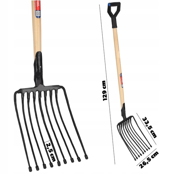 Høtyv / Møggaffel - Have- og staldgaffel - 9 Tænder - Metal - Robust - Længde 129 cm