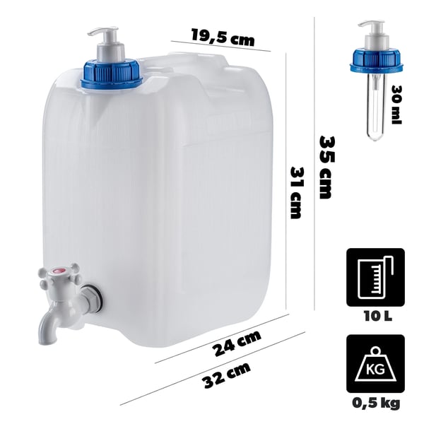 Vanddunk - Kanister med taphane - 10 l - Bærbar - Til vask/camping - Væskedispenser