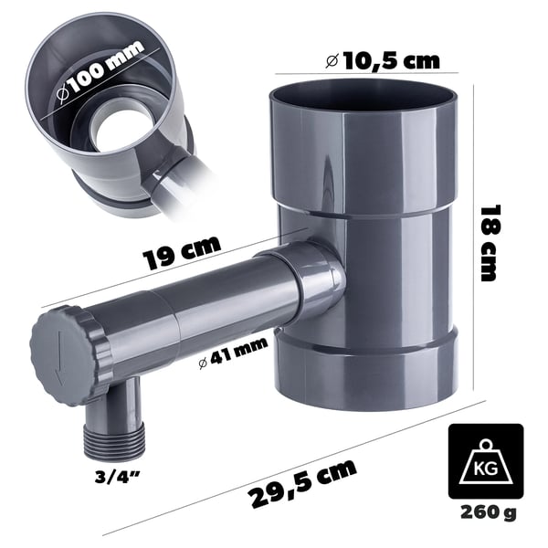 Regnvattensamlare - Till Stuprör - Med Ventil - 100 mm - Grå
