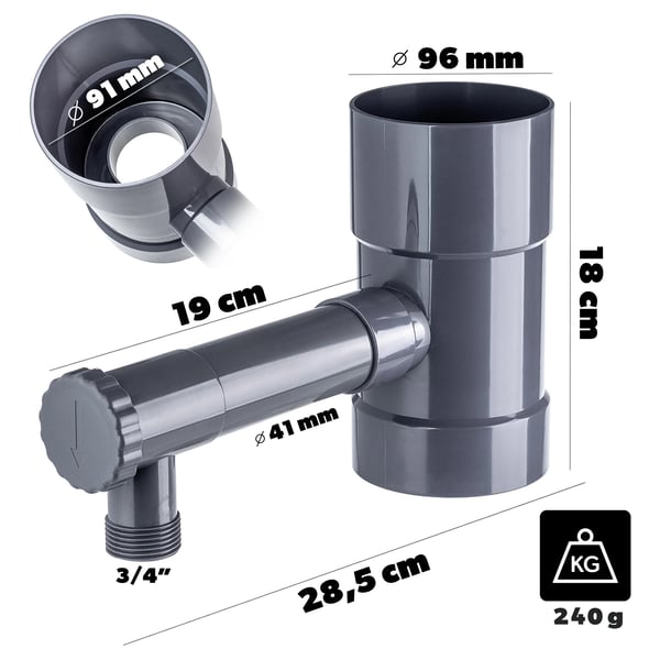 Regnvandssamler - Til nedløbsrør - 90 mm - Med hane/ventil - Grå