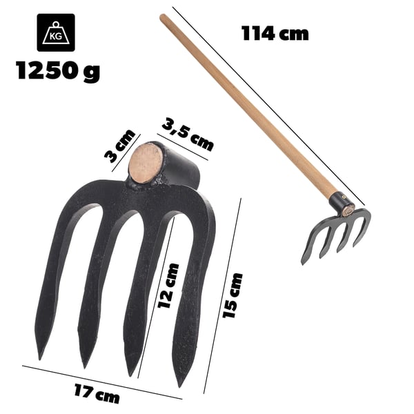 Havehakke - Kultivator Med Fire Tænder - Stål - 15x17 cm - Med Skaft