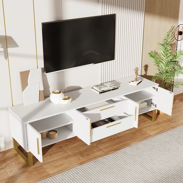 TV-bord - TV-møbel - Højglans - 4 Døre - 2 Skuffer - MDF - Samling Påkrævet - Moderne Stil - Hvid