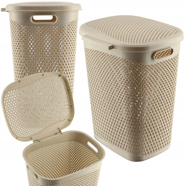 Vasketøjskurv - Med låg - 55 L - Stor kapacitet - Beige