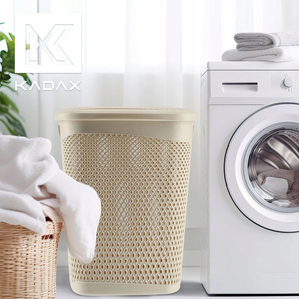 Vasketøjskurv - Med låg - 55 L - Stor kapacitet - Beige