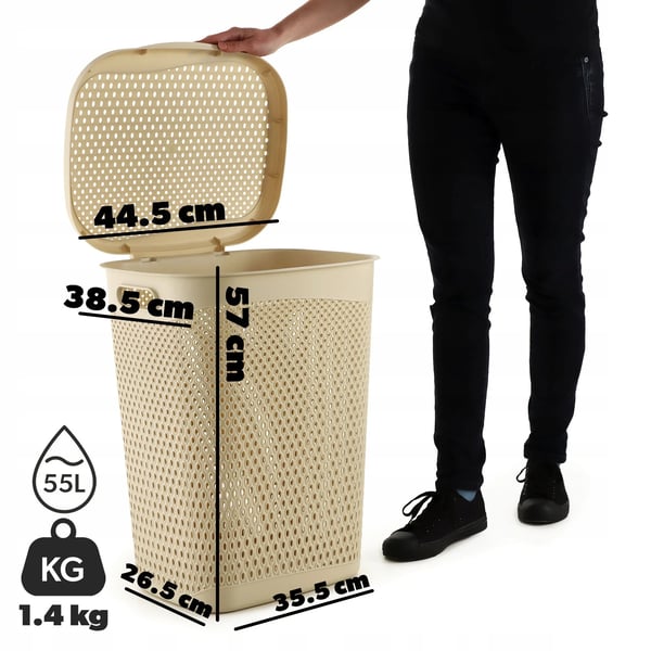 Vasketøjskurv - Med låg - 55 L - Stor kapacitet - Beige