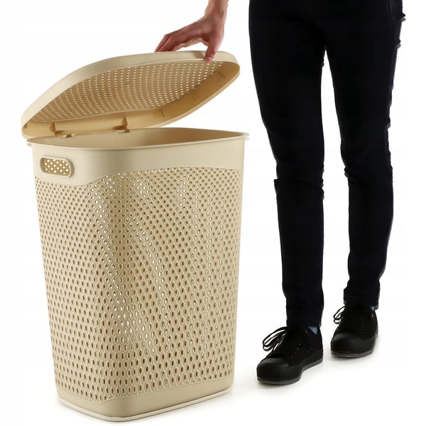 Vasketøjskurv - Med låg - 55 L - Stor kapacitet - Beige