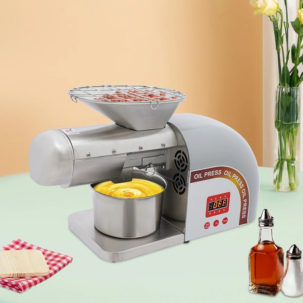 Oliepresse & Ekstraktor - Automatisk maskine - 1800 W - Rustfrit stål - 0–300°C Temperaturstyring - Kold og varm presning - Til hjemmet - Sølv