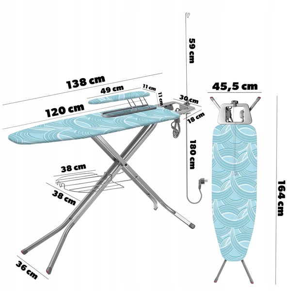 Strygebræt - 120 x 38 cm - Bred Strygeflade - Med Strygejernsholder - Ærmebræt Medfølger - Blå