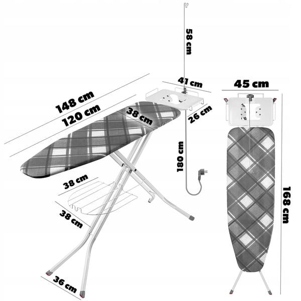 Strygebræt - 120 x 38 cm - Bred plade - Sammenklappeligt - Strygejernsholder - Aflægningshylde