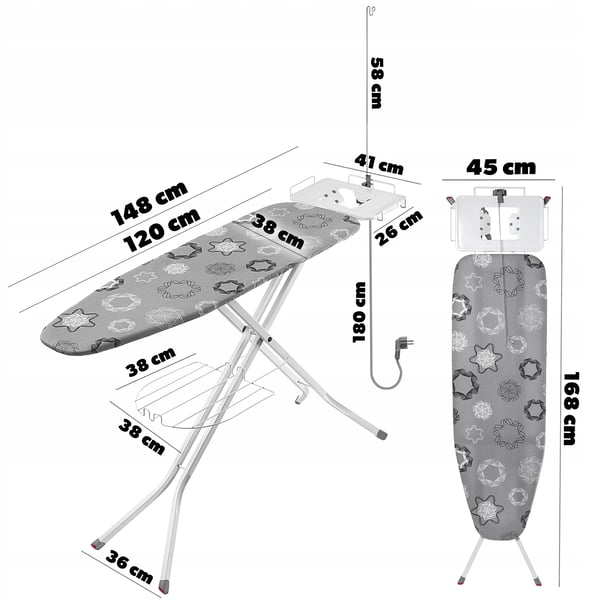 Strygebræt / Strygebord - Foldbart - Bred plade 120 x 38 cm - Strygejernsholder