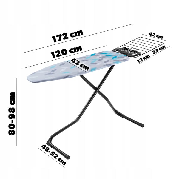 Strygebræt - 120 x 42 cm - Sammenklappeligt - Bærehåndtag - Bred strygeflade - Strygejernsholder - Foldbar hylde
