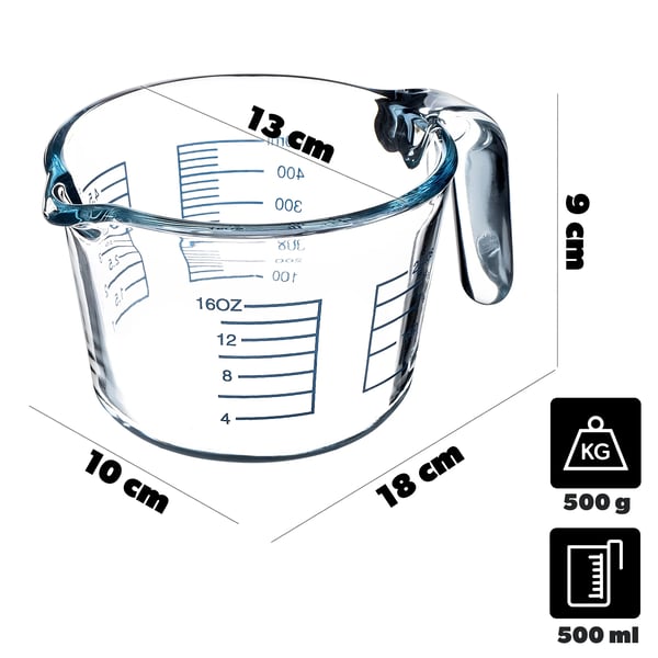 Målekande i glas - Målebæger - 0,5 l - Med måleskala - Til bagning og madlavning