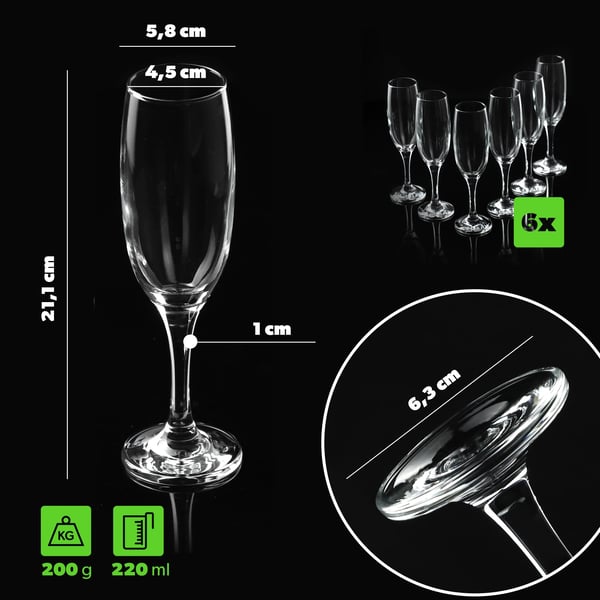 Champagneglas - Sæt 6 stk - 220 ml - Til mousserende vin