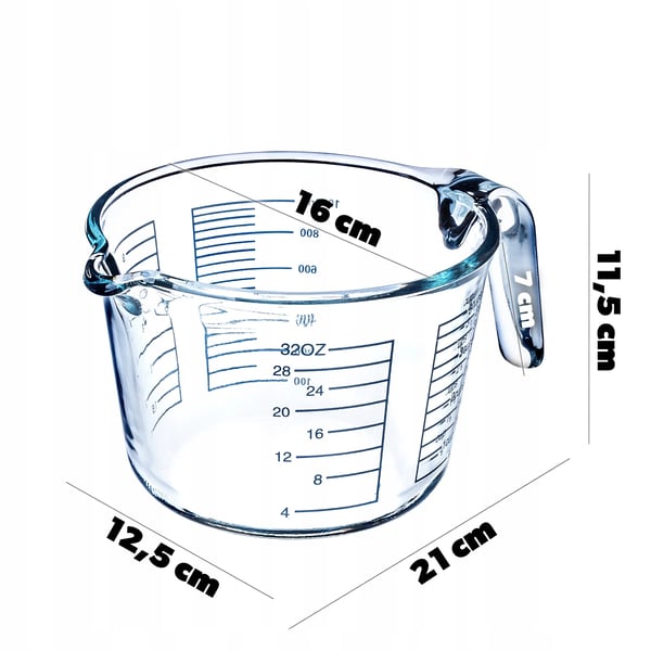 Målekande - Glas målebæger - 1 l (1000 ml) - Med måleskala - Til køkken og bagning