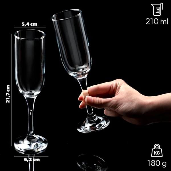 Champagneglas - Prosecco flute - Volumen 210 ml - Sæt med 6 - FCM-godkendt - Fremstillet i Polen